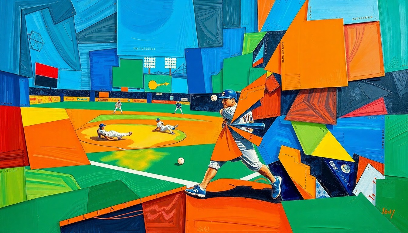 A cubist, geometric painting depicting fragmented and overlapping shapes representing baseball players, equipment, and the field of play, conveying the chaotic and challenging situation the Astros find themselves in due to a rash of injuries.
