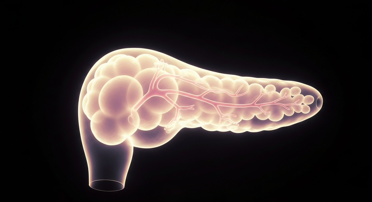 A translucent, X-ray-like image of a human pancreas, with the internal structures glowing and highlighted to represent the targeted genetic mutations in a new cancer treatment.