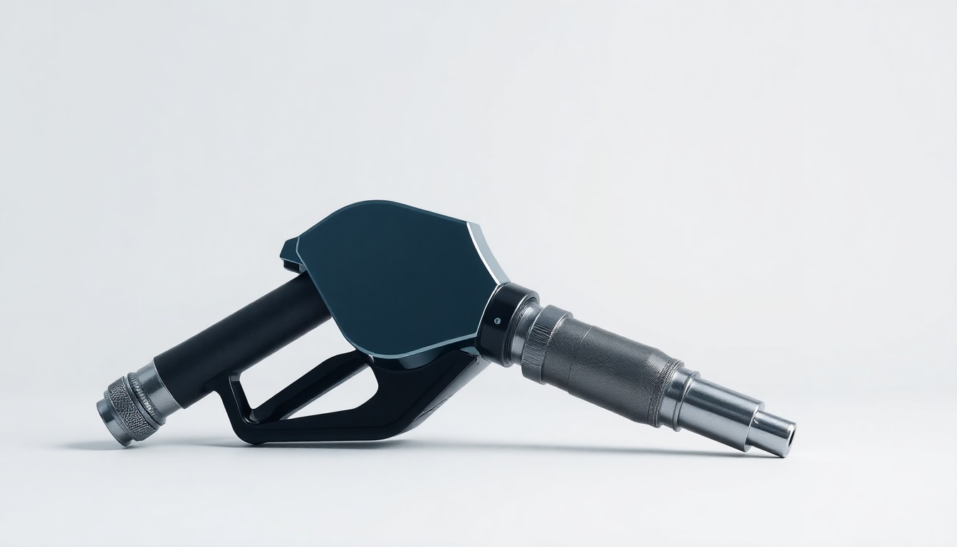 A photorealistic studio still life featuring a sleek, modern gas pump nozzle and fuel tank cap resting on a clean, monochromatic background, conceptually representing the abstract ideas of energy, infrastructure, and economic development.