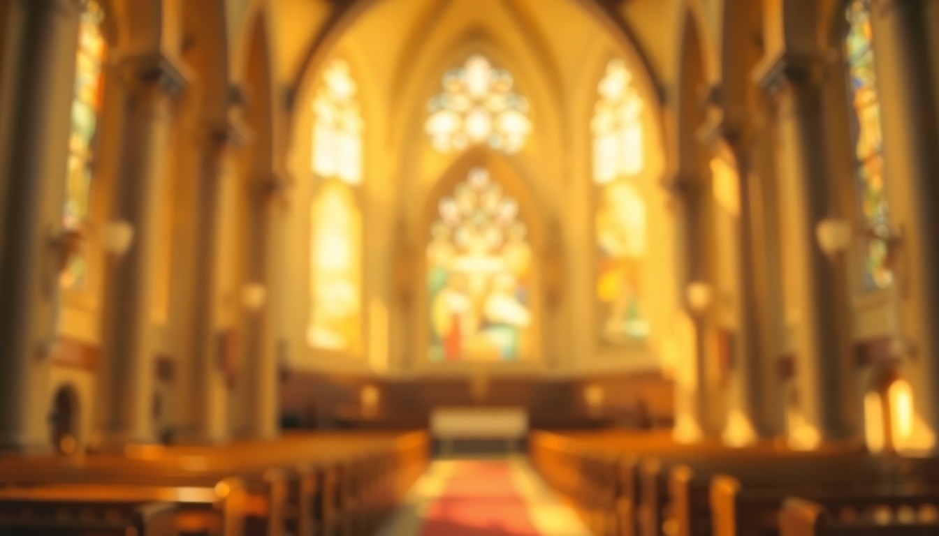A dreamy, impressionistic photograph in soft, warm tones depicting the interior of a church, with sunlight filtering through stained glass windows in a hazy, out-of-focus composition that evokes a sense of reverence and nostalgia.