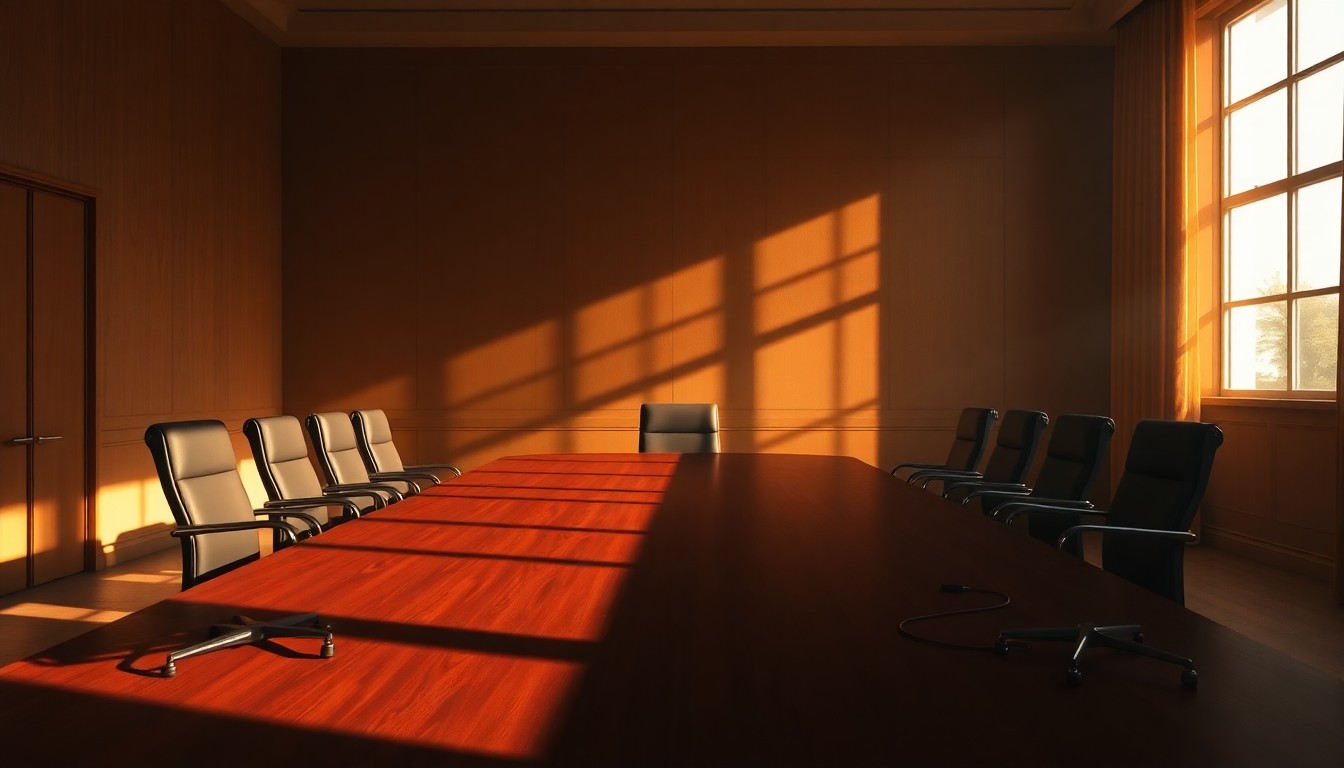 A quiet, cinematic painting of an empty boardroom table in warm, diagonal sunlight and deep shadows, conceptually representing the political power struggle between the Trump administration and the media.