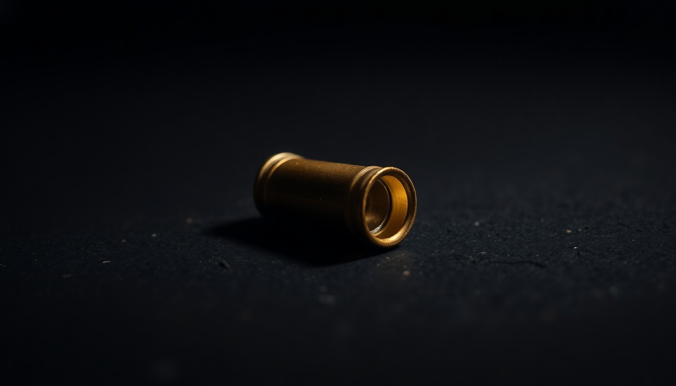 An extreme close-up photograph of a single spent shell casing on a dark, textured surface, lit by a harsh, direct camera flash, conceptually representing the aftermath of a violent crime.
