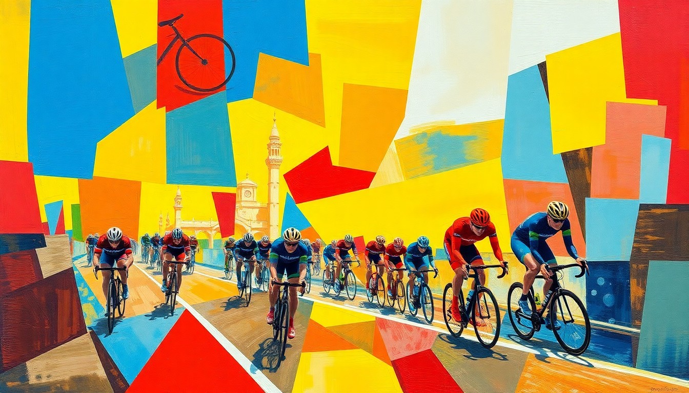 A fractured, multi-perspective painting in the style of Pablo Picasso, breaking a cycling race down into sharp, overlapping geometric planes of red, blue, and yellow, capturing the raw energy and movement of the event.