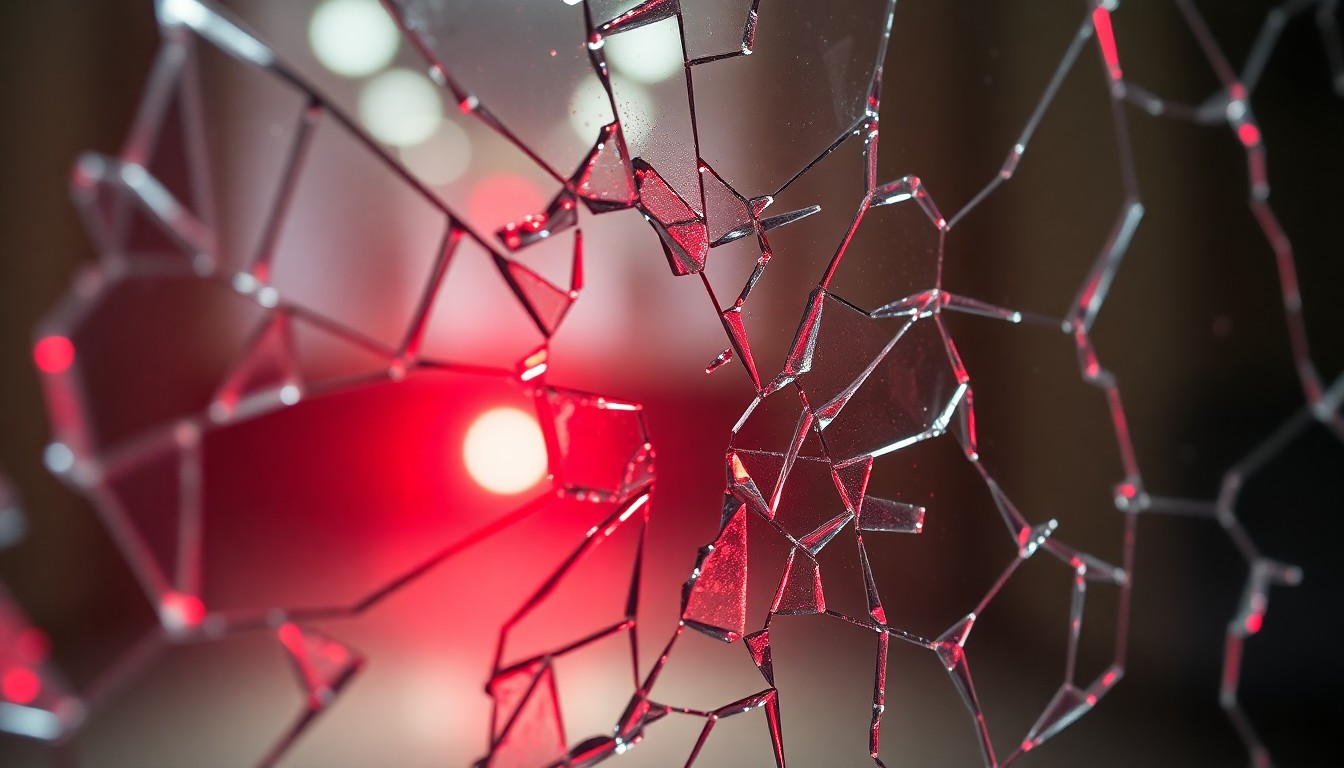 An abstract close-up photograph of shattered glass reflecting a faint red light, conveying a sense of disruption and exposure surrounding the political elite.