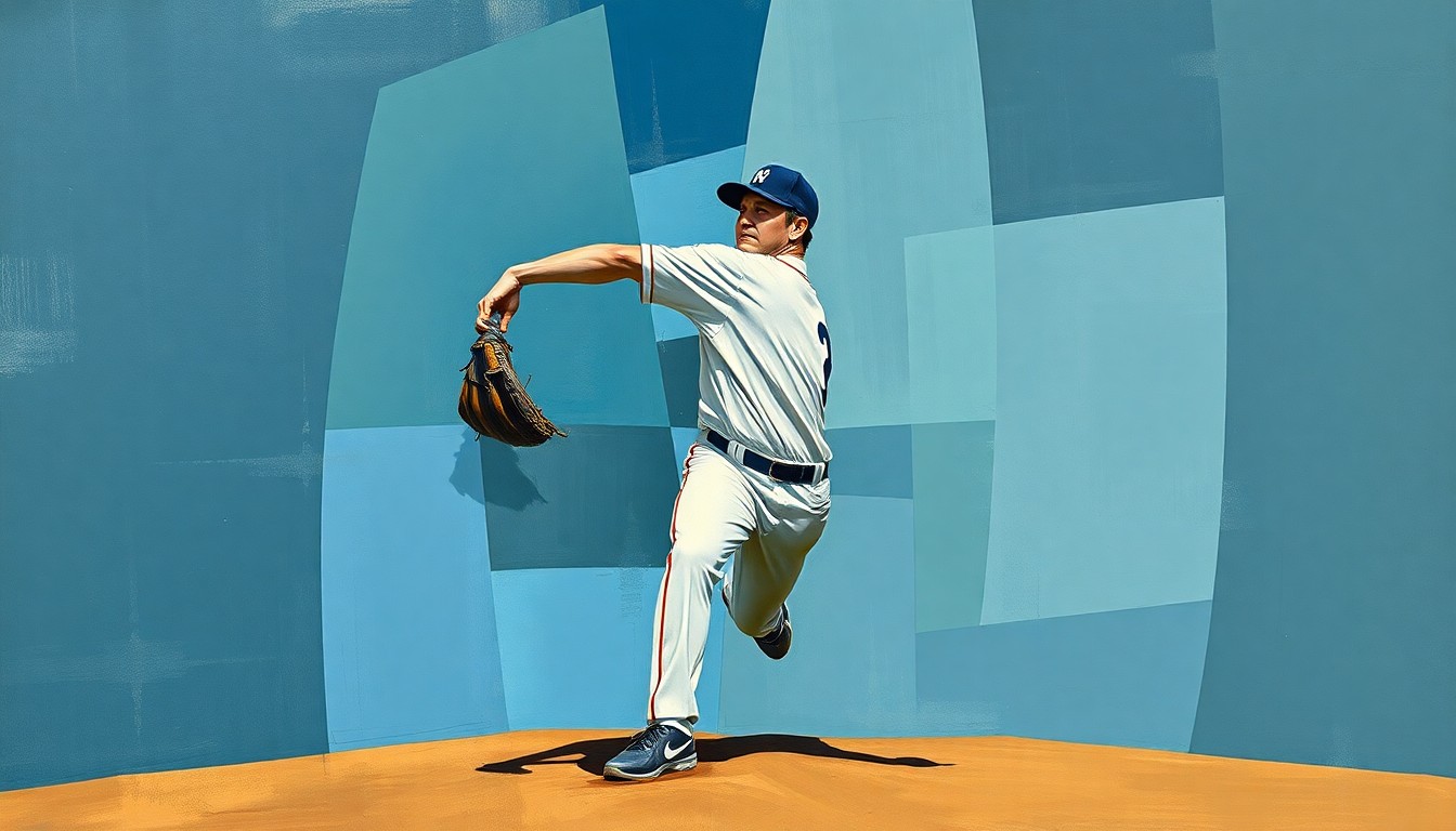 A fragmented, geometric painting depicting a baseball pitcher's throwing motion broken down into overlapping planes of muted blue, gray, and brown tones, conveying the dynamic physicality of the sport.