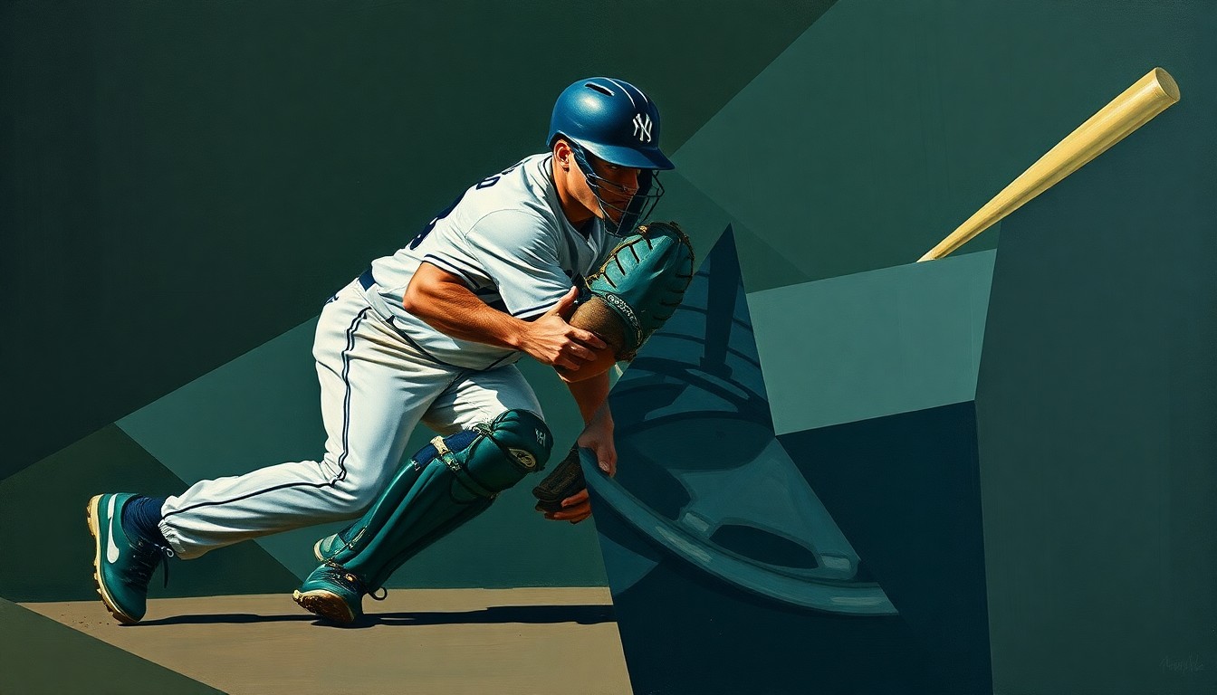 A fragmented, geometric painting depicting the various movements and perspectives of a baseball catcher's defensive actions, rendered in muted tones of navy, green, and grey.