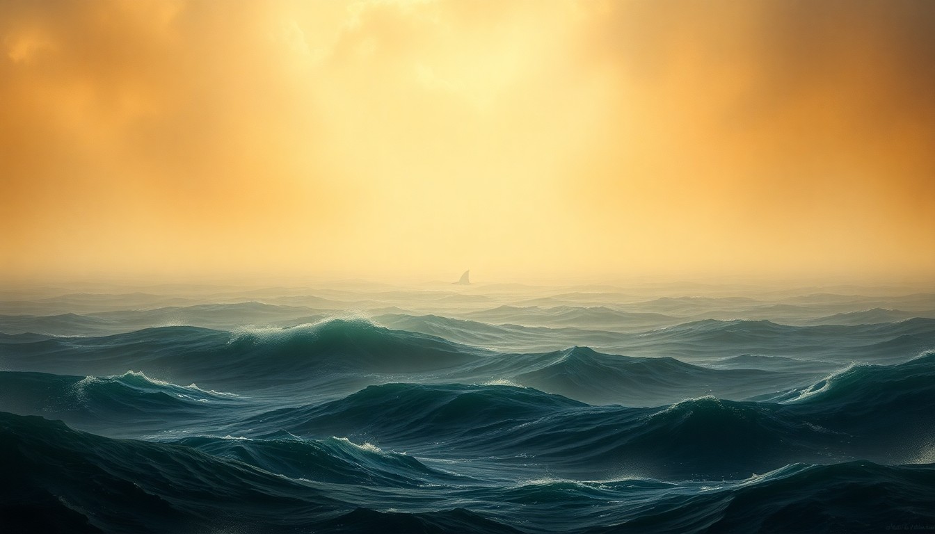 A sweeping, atmospheric landscape painting depicting a vast, hazy ocean scene with a small shark fin cutting through the waves in the distance, conveying the sublime scale and power of the natural environment.