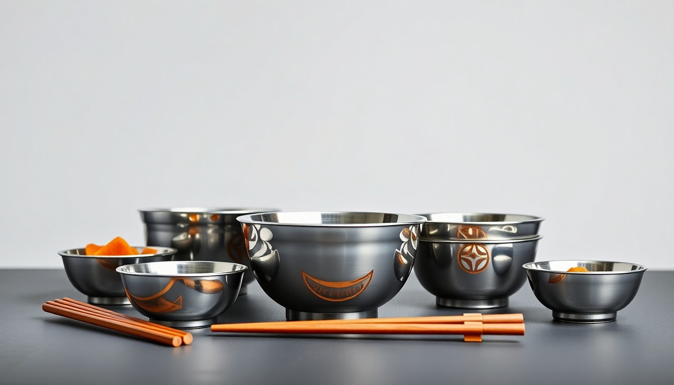 A minimalist, high-contrast studio photograph featuring a clean, monochromatic background with a carefully arranged display of premium, polished stainless steel teriyaki bowls and chopsticks, representing the brand's focus on quality, efficiency, and growth.