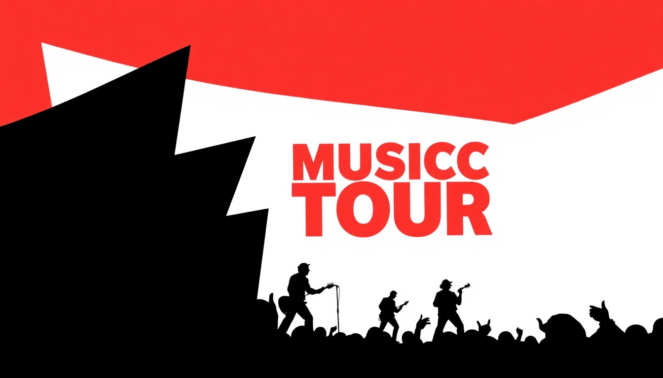 A bold, abstract illustration featuring stark black silhouettes and geometric shapes in high-contrast red and white, conceptually representing the announcement of a music tour.