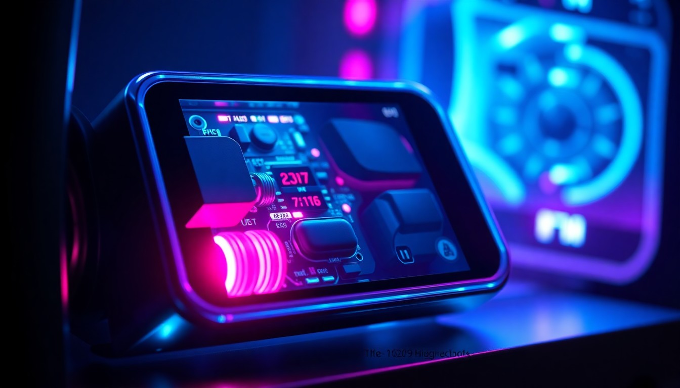A highly detailed, glowing 3D macro illustration of a compact, Bluetooth-connected truck diagnostic device, with neon cyan and magenta lights illuminating its intricate internal components, conceptually representing the advanced technology that enables truckers to diagnose and repair issues on their own.