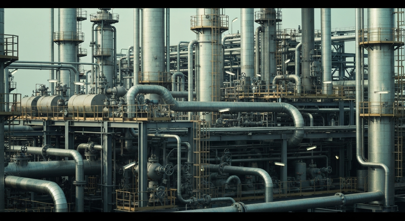 An extreme close-up of a complex network of industrial pipes, valves, and machinery, representing the global energy infrastructure that is being disrupted by the US-Iran conflict.