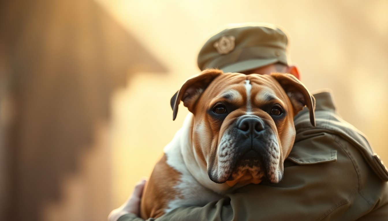 An out-of-focus photograph showing the silhouettes of a soldier and his English bulldog embracing in a warm, sunlit setting, conveying the emotional reunion between the two.