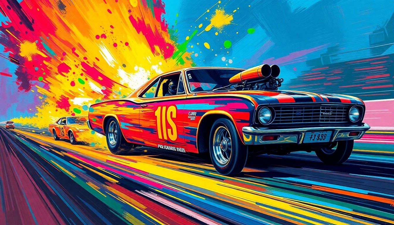 An abstract expressionist painting featuring rapid brushstrokes of neon colors representing the raw power and acceleration of a Pro Stock drag racing car on the track.