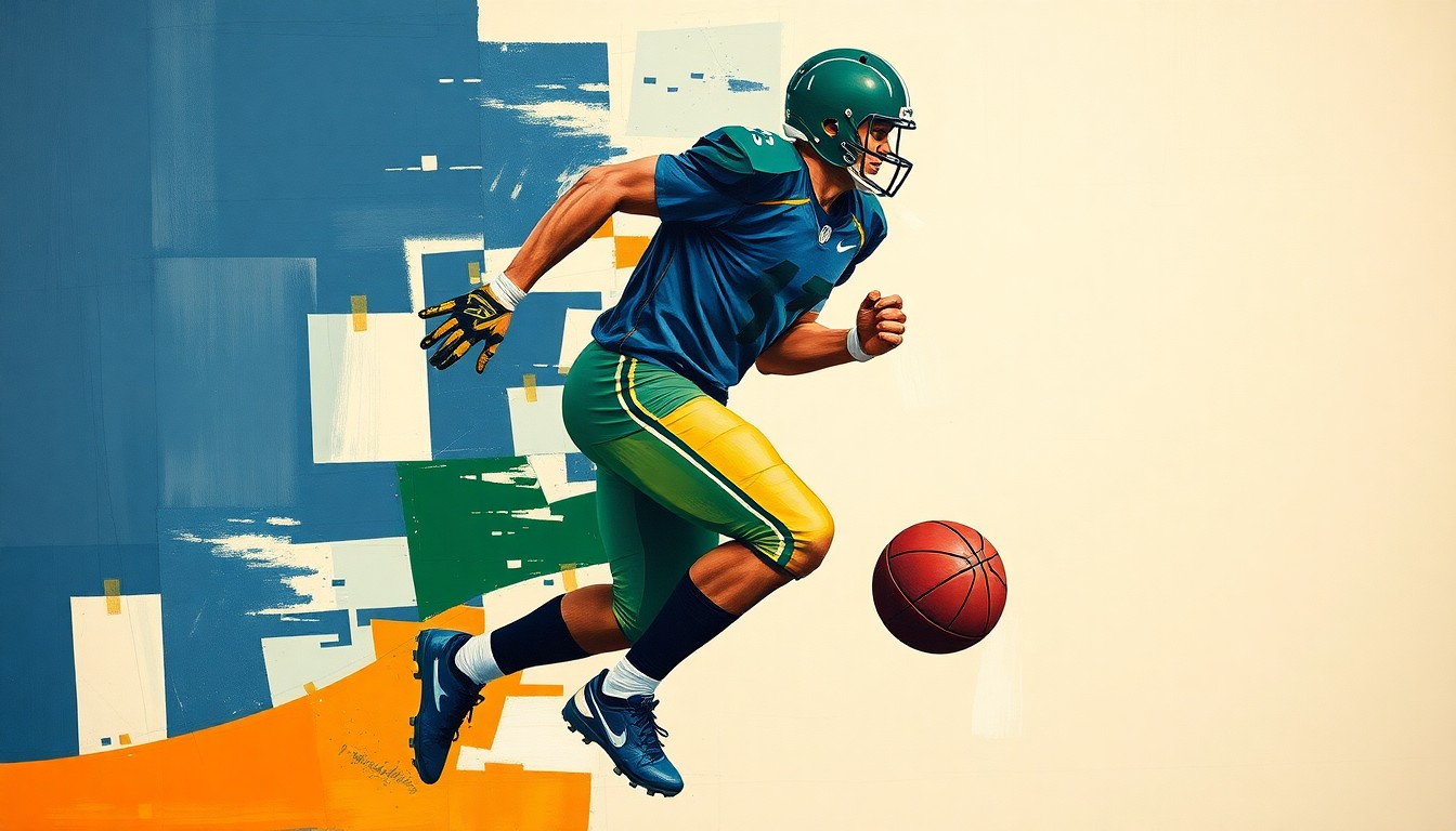 A cubist, geometric painting depicting a football player in motion, their body fractured into sharp, overlapping planes of navy, green, and orange, conveying the strategic maneuvering of an NFL team's offseason.