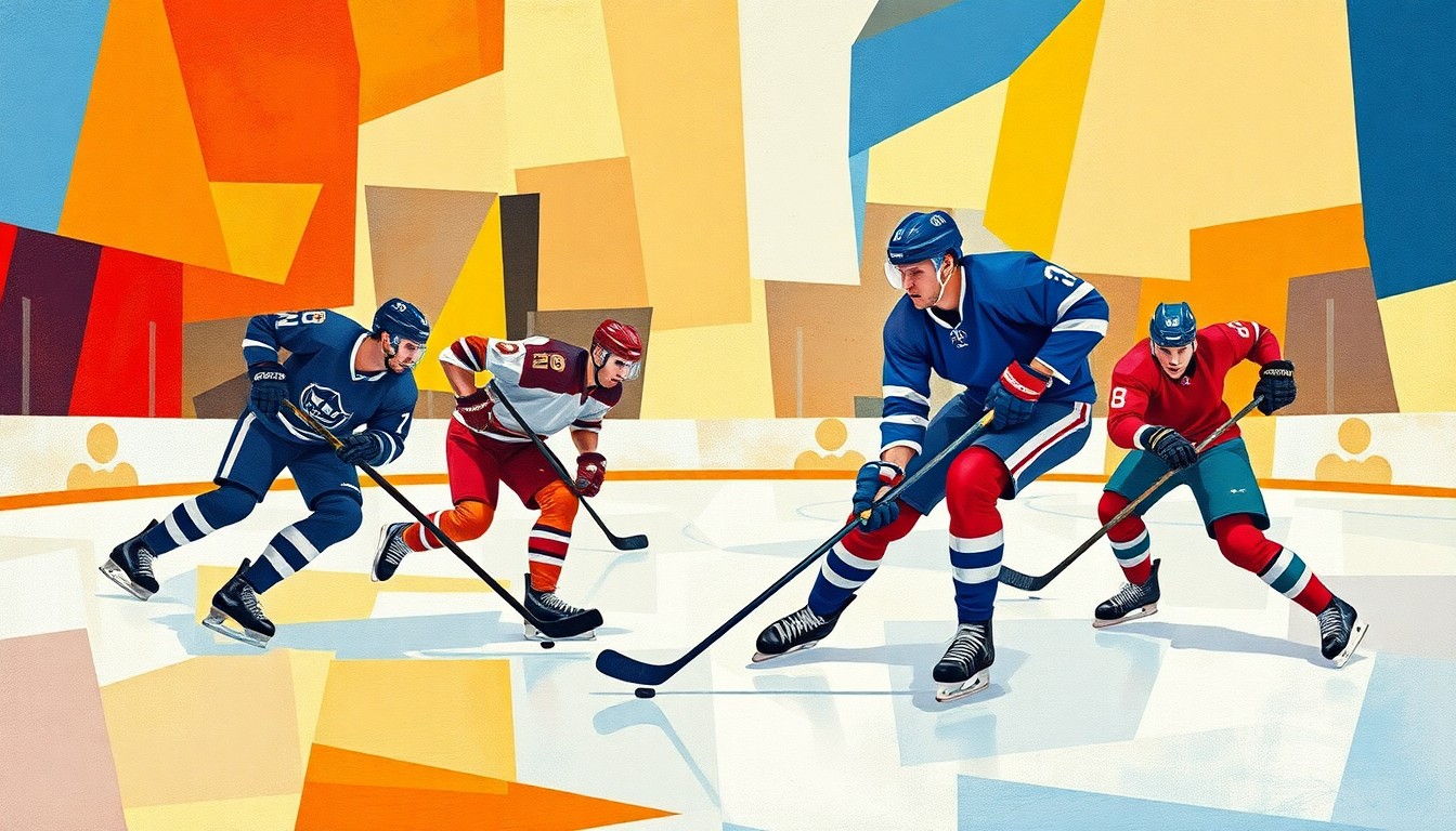 A cubist, geometric painting depicting an abstracted hockey game, with players' forms broken down into angular, overlapping shapes in vibrant colors, capturing the Senators' injured stars and their challenging playoff path.