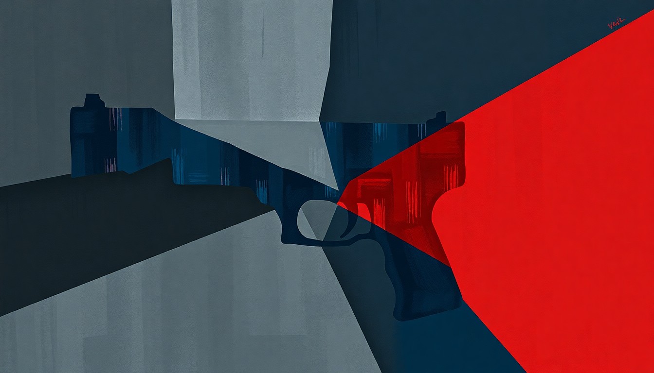 An abstract, fragmented painting featuring overlapping geometric shapes in shades of grey, blue, and red, conceptually representing the divisive political tensions around a proposed gun control bill.