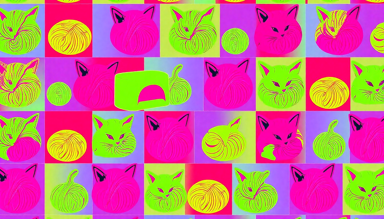 A vibrant, high-contrast silkscreen print of a cat toy, such as a ball of yarn, repeated in a grid pattern using bold, neon colors and heavy black outlines, capturing the playful and celebratory spirit of the Pets Alive Kitten Shower event.