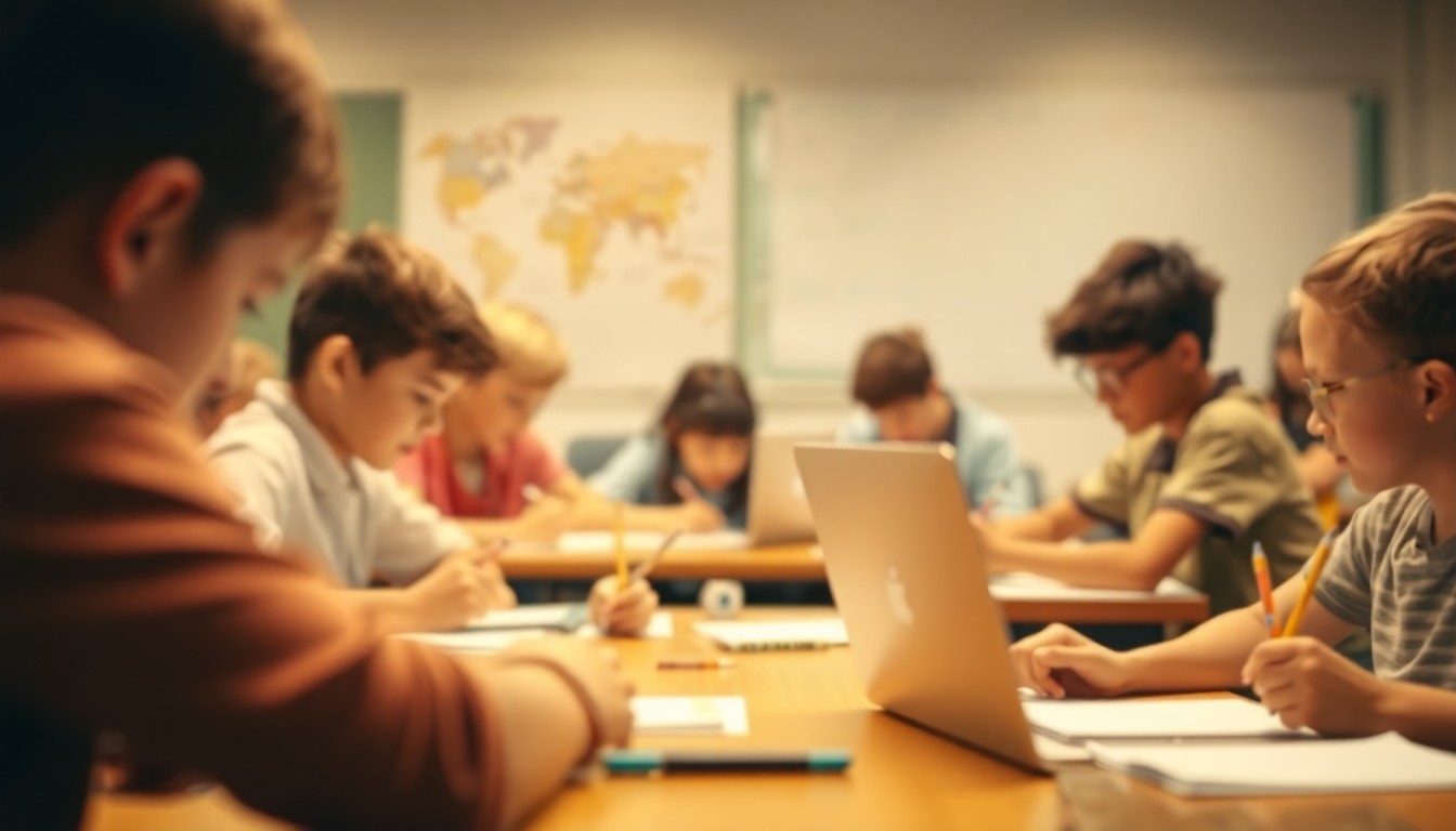 An abstract, out-of-focus photograph depicting a classroom scene with students engaged in various writing activities, conveying a sense of creativity and learning.