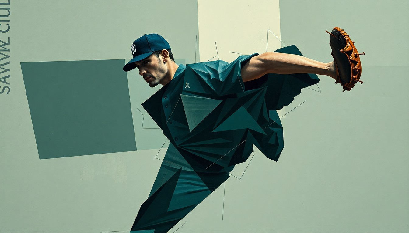 A cubist, geometric painting depicting a baseball pitcher's delivery, with sharp, overlapping planes in muted tones of navy, forest green, and charcoal grey, conveying the complex, multi-faceted nature of Kremer's role in the Orioles' pitching rotation.