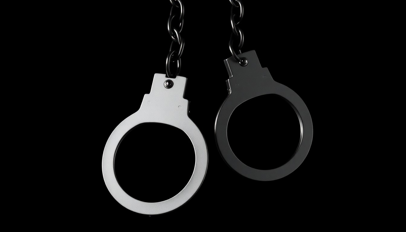 An extreme close-up photograph of metal handcuffs against a stark black background, conceptually representing the apprehension of a violent criminal suspect.