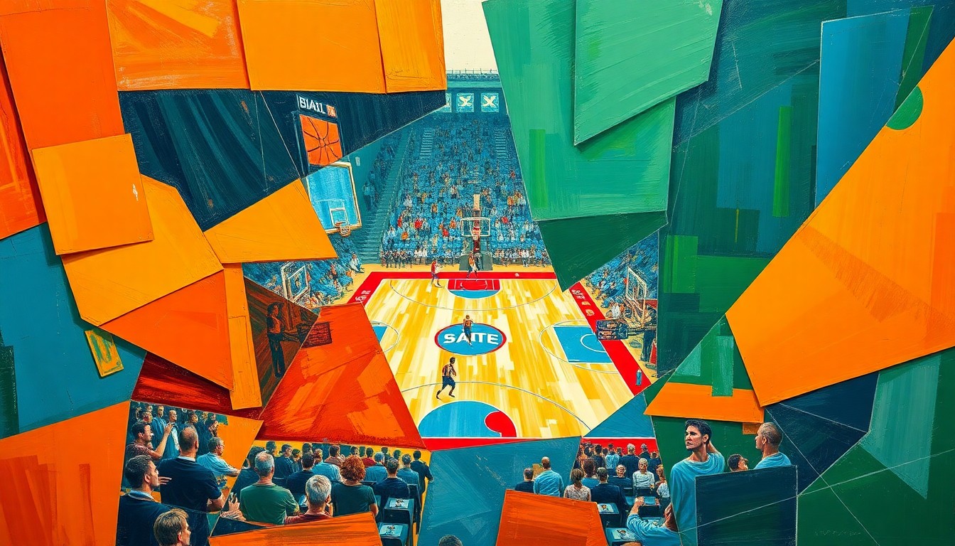 A fractured, geometric painting in vibrant colors depicting the dynamic action of a basketball game, with overlapping planes and shapes representing the sport's intensity.