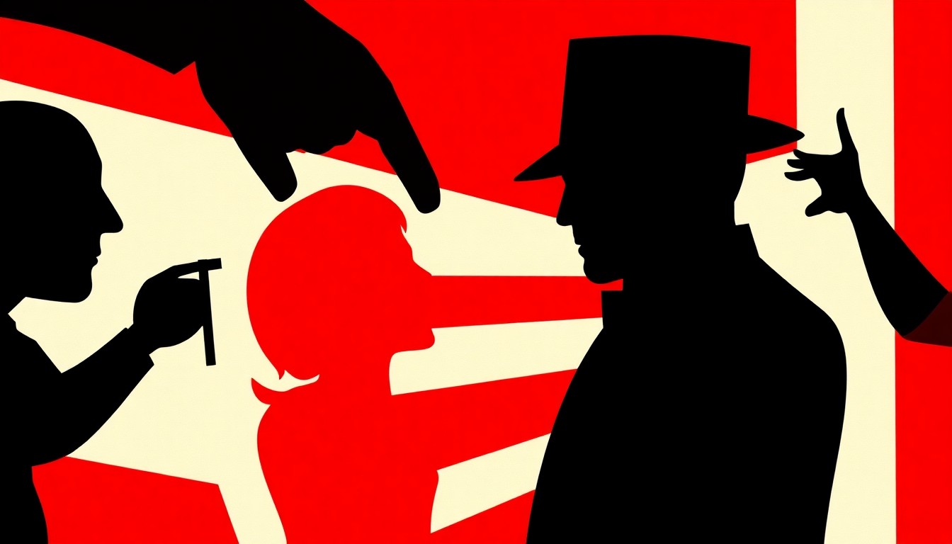 A striking abstract composition of jagged black silhouettes and bold red and white geometric shapes, conceptually representing the tension between media consolidation and creative independence in the entertainment industry.