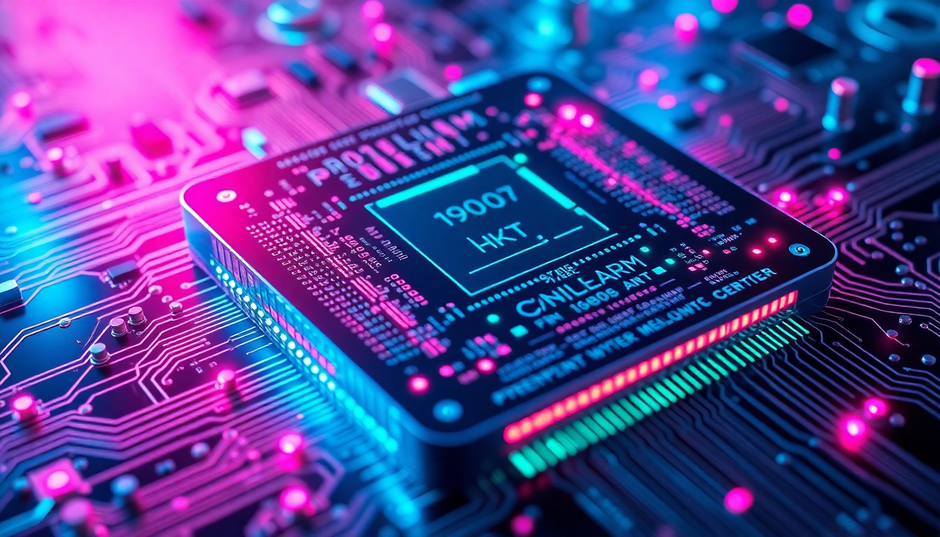 A highly detailed, glowing 3D macro illustration of a futuristic semiconductor wafer with intricate circuitry and neon cyan and magenta lights, conceptually representing the advanced photonic debonding technology enabling next-generation memory and power semiconductor manufacturing.