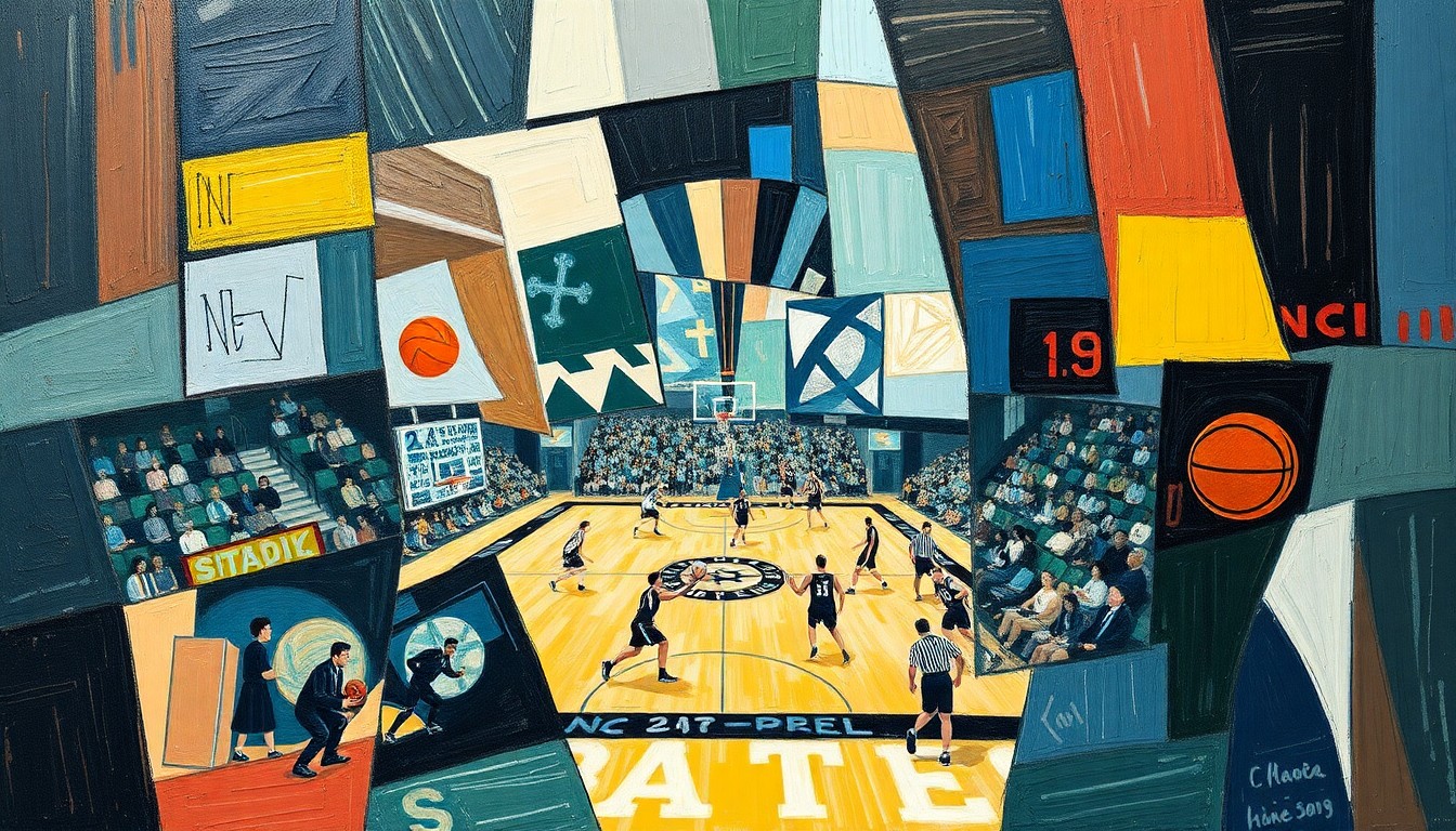 A cubist, geometric painting depicting a high school sports competition, with the action broken down into overlapping planes of color and shape.