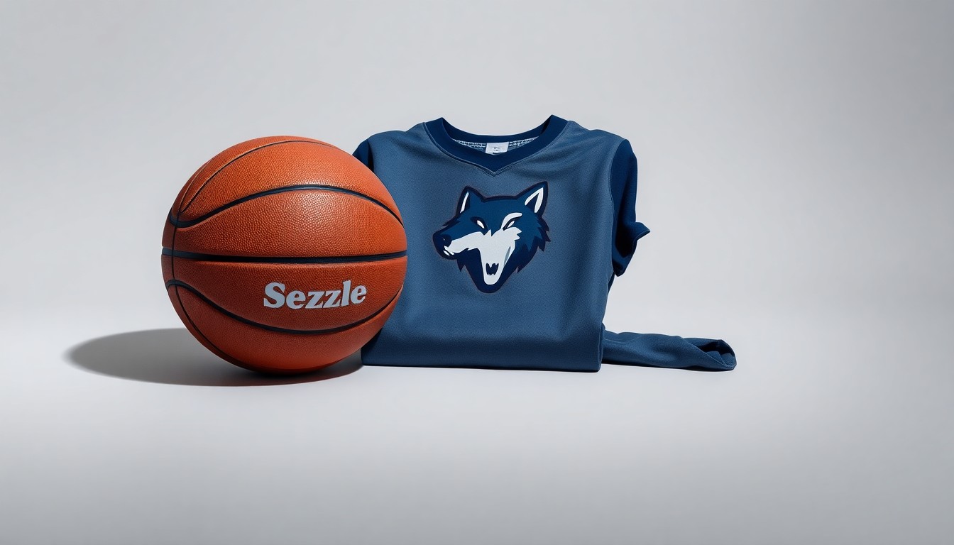 A photorealistic studio still-life photograph featuring a basketball, a Sezzle logo, and a Minnesota Timberwolves jersey, arranged elegantly on a clean, monochromatic background to symbolize the abstract concepts of community partnership and corporate social responsibility.