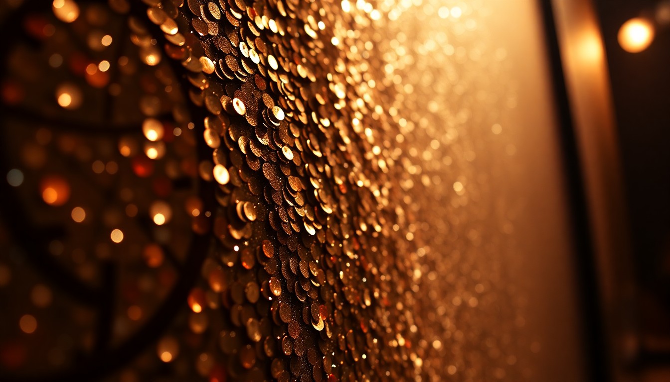 An extreme close-up photograph of a luxurious, glittering sequin texture in high-contrast studio lighting, capturing the glamorous and energetic mood of the Rooster TV series.