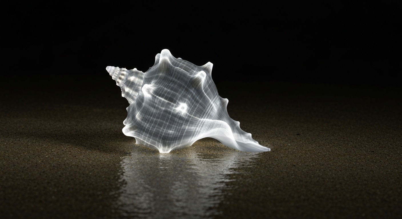 A ghostly X-ray image of a seashell partially buried in wet sand, revealing its delicate internal structure in glowing lines against a dark background, conceptually representing the unseen pollutants that can contaminate beach waters.