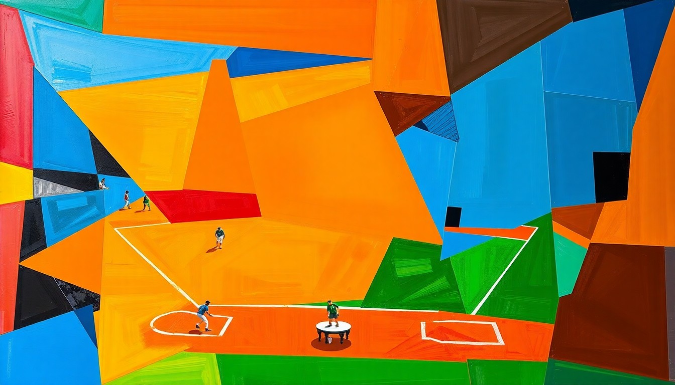 A cubist-style painting featuring overlapping geometric shapes in bright orange, deep blue, and vibrant green, capturing the intensity and energy of a high-stakes softball game.
