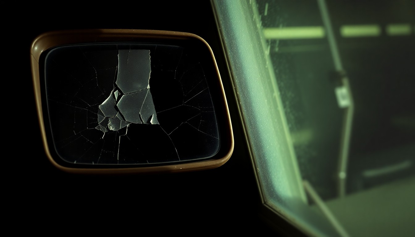 An extreme close-up photograph of a cracked and damaged side mirror from a bus, conveying the gritty aftermath of a collision through dramatic lighting and stark composition.