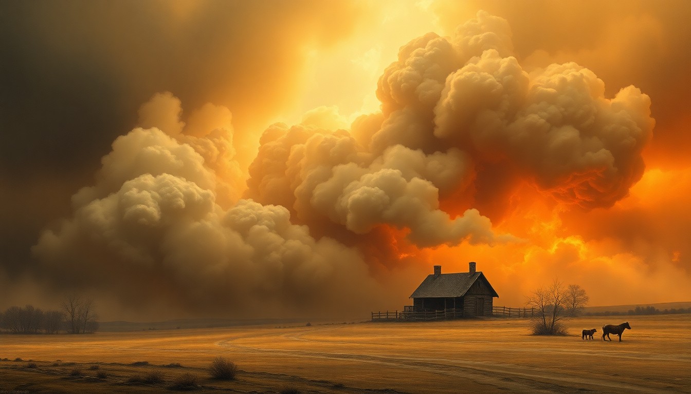 A vast, atmospheric landscape painting in muted tones of grey, brown, and orange, depicting a small rural home engulfed in thick, billowing smoke, conveying the overwhelming scale and destructive force of a natural disaster.