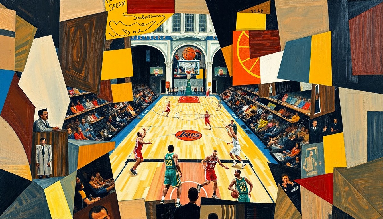 A cubist-style painting featuring overlapping geometric shapes and planes, representing the fragmented and uncertain state of the Memphis Grizzlies' future.