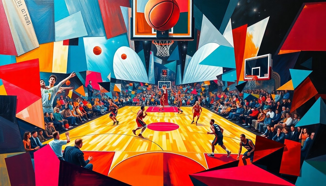 A cubist, geometric painting depicting the intense action of an NBA playoff basketball game, with the players' forms broken down into overlapping planes of vibrant Hornets and Heat team colors.