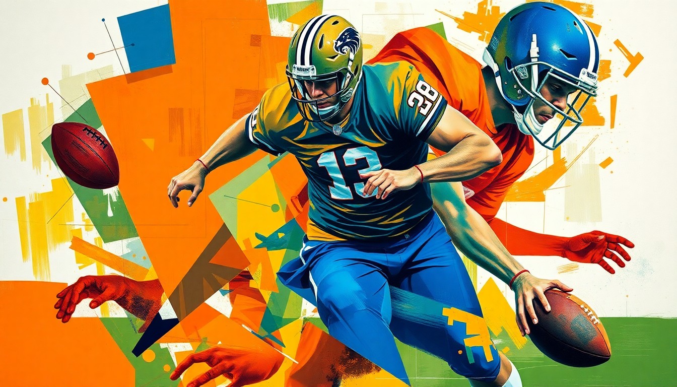 A fragmented, abstract painting depicting the movements and actions of a football player, with sharp geometric shapes and planes in vibrant colors, conceptually representing the challenges of an NFL comeback attempt.