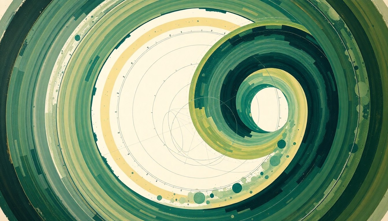 A bold, abstract painting in earthy tones of green, blue, and ochre, featuring sweeping geometric arcs, concentric circles, and precise spirals, conceptually representing the complex scientific forces and concepts behind measuring the expansion of the universe.