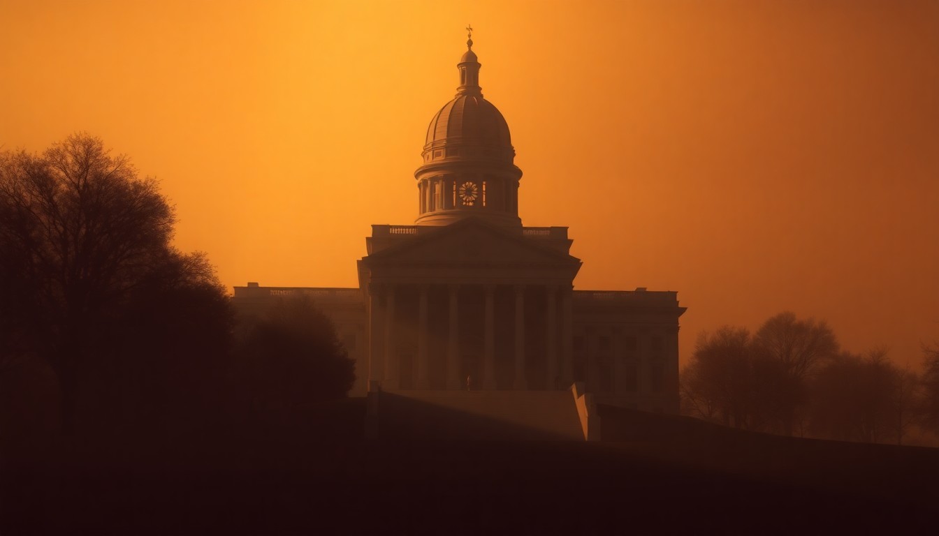 A cinematic oil painting depicting a solitary Maryland state capitol building in warm, diagonal sunlight and deep shadows, conveying a sense of political isolation from the everyday struggles of the community.