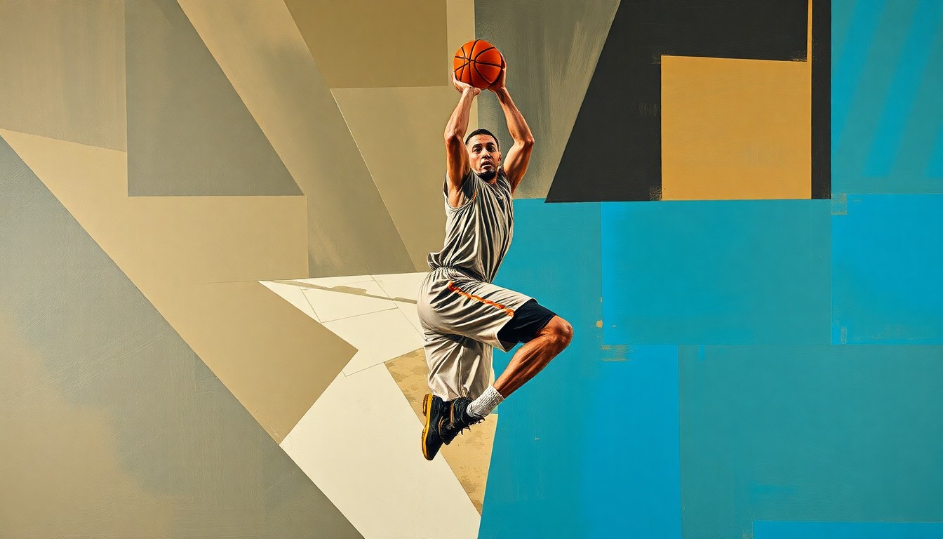 A fractured, multi-perspective painting depicting the movements and actions of a basketball player broken down into sharp, overlapping geometric planes in muted earth tones with pops of bright blue.