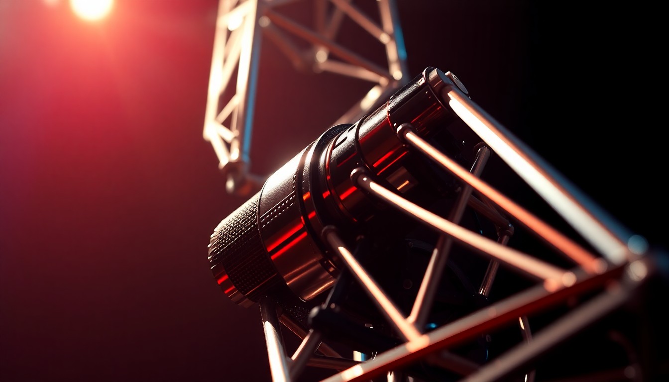 An extreme close-up of a shiny, metallic radio transmitter tower reflecting dramatic, high-contrast studio lighting, conceptually representing the technical and creative excellence of the local radio industry.