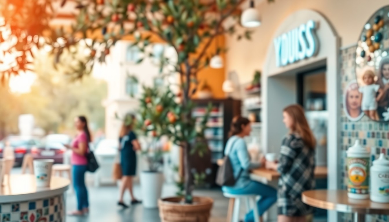 An extremely abstracted, out-of-focus photograph in warm, hazy tones depicting a blurred scene of a Mediterranean-inspired yogurt shop, with glimpses of olive trees, mosaic tiles, and customers enjoying healthy yogurt treats.