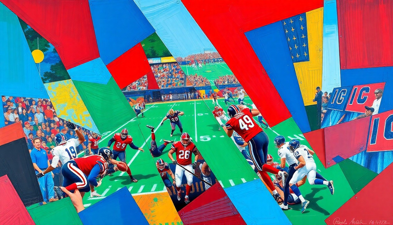 A fragmented, geometric painting depicting the chaotic energy and multiple perspectives of the NFL draft and trade negotiations, with sharp planes of color and overlapping shapes representing the complex decisions and shifting fortunes of teams and players.