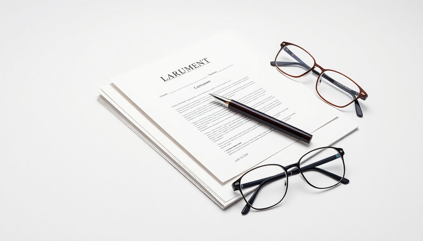 A high-end, photorealistic studio still-life photograph featuring a stack of legal documents, a pen, and a pair of reading glasses arranged elegantly on a clean, white background, conceptually representing the expertise and professionalism of a family law practice.