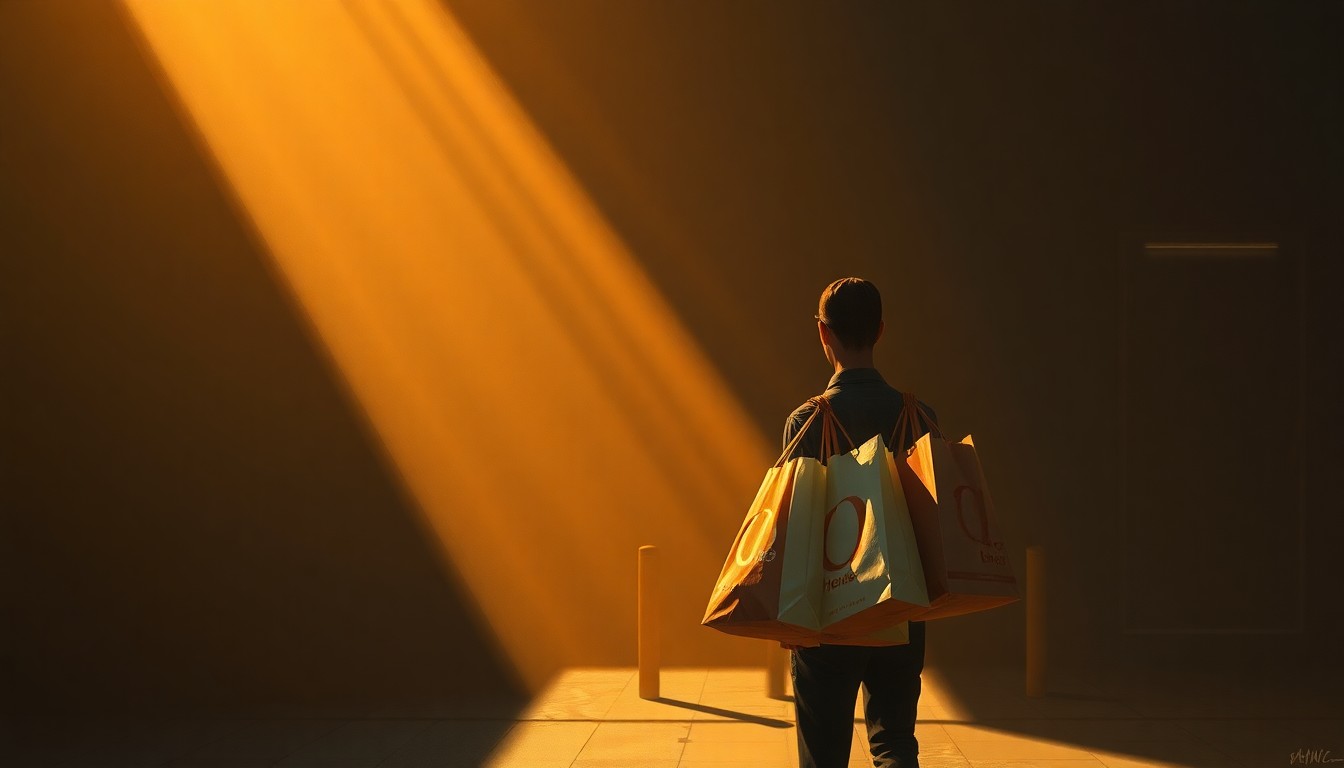 A photorealistic painting of a delivery person carrying fast food bags, with warm lighting and deep shadows creating a sense of solitude and contemplation.