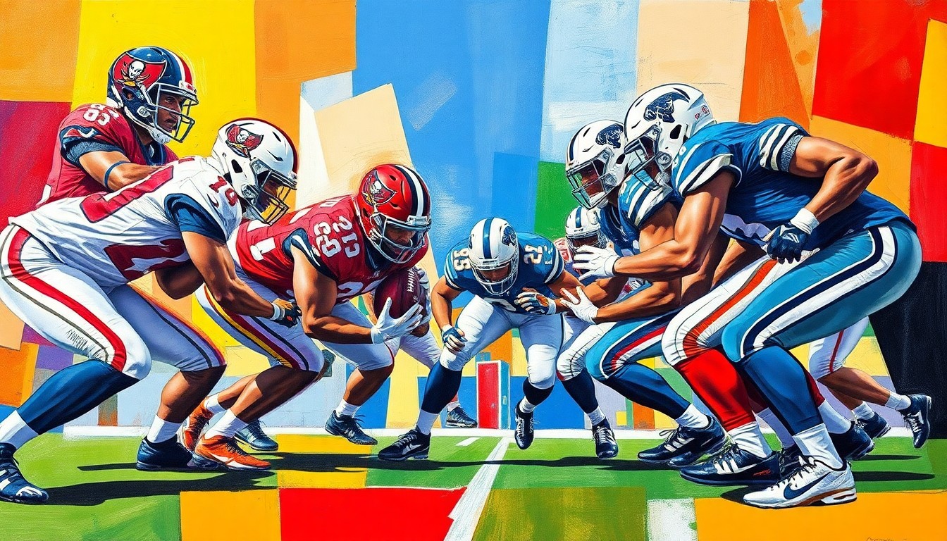A cubist, geometric painting depicting an offensive line blocking play, with the players' uniforms in the Buccaneers' red and pewter colors as well as the Nittany Lions' blue and white. The scene is fractured into overlapping planes, capturing the power and intensity of the line of scrimmage.