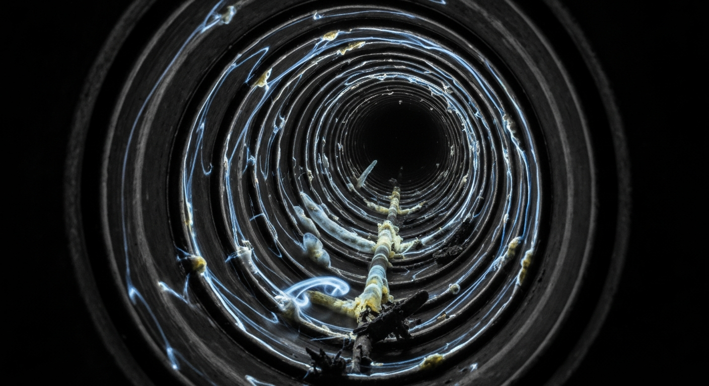 A ghostly, translucent X-ray image of a sewage pipe, revealing its internal structures and highlighting the unseen infrastructure that has contributed to water pollution issues.