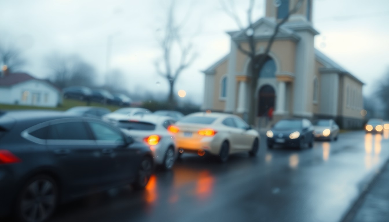 An abstract, impressionistic photograph showing the blurred outlines of cars lined up outside a church on a rainy morning, with soft, warm pools of light and color creating a sense of atmosphere and emotion around the scene.