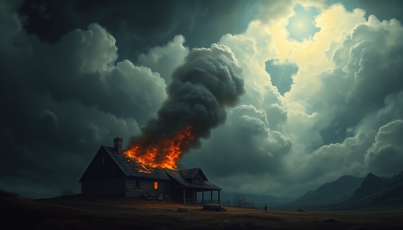 A vast, atmospheric landscape painting depicting a charred, smoldering house dwarfed by an ominous, turbulent sky filled with heavy storm clouds, conveying the overwhelming, sublime power of nature and the fragility of human structures.