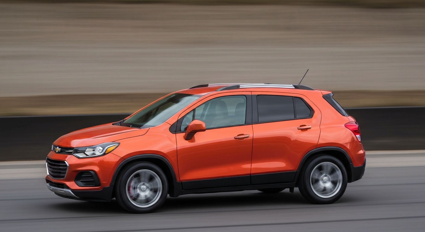 A blurred, sweeping image of a new red Chevy Trax vehicle, conveying the energy and motion of a car giveaway promotion.